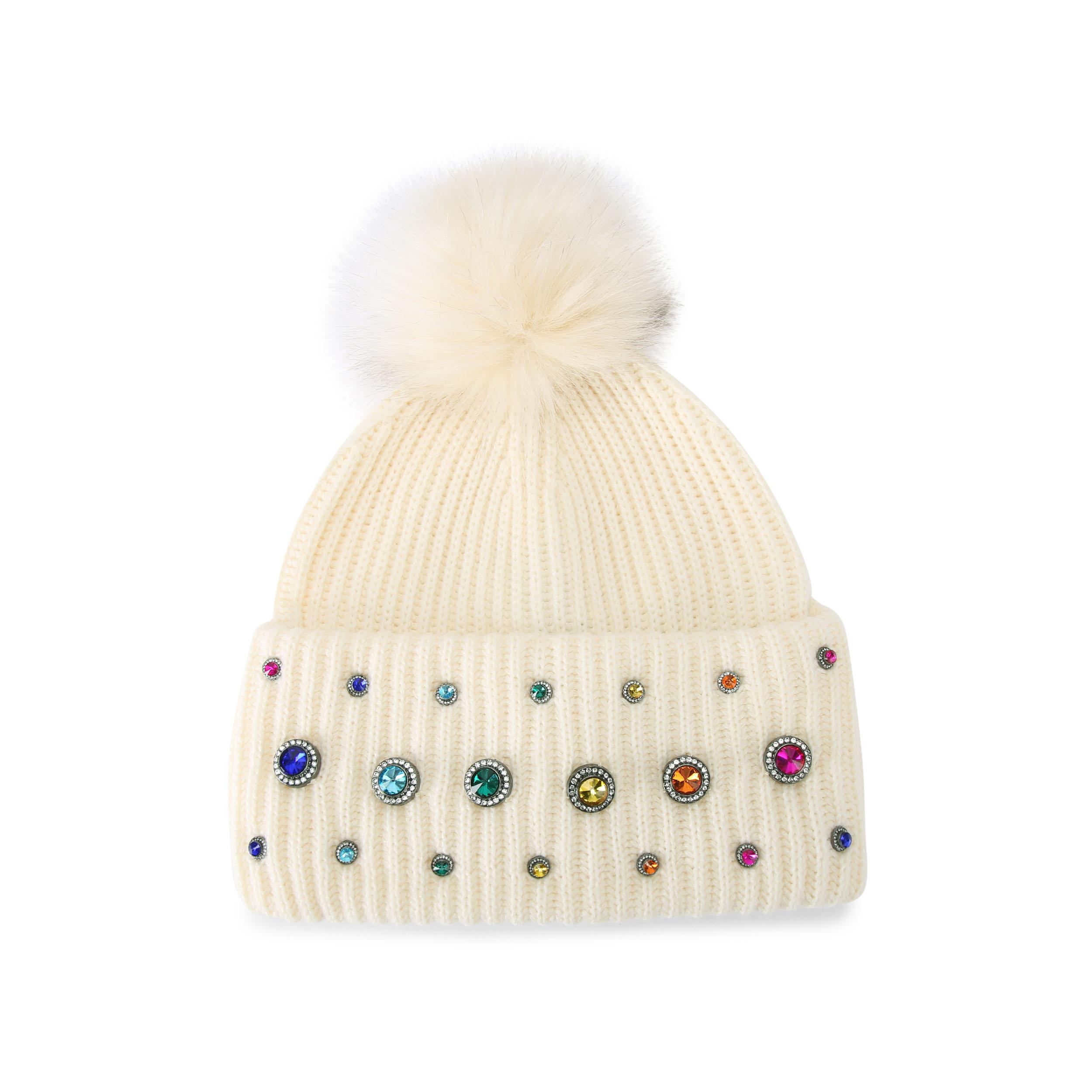 Kurt Geiger London Women’s Cream Knit Hat with Pink Crystal Embellishments RAINBOW OCTAVIA CRYSTAL BEANIE - KURT GEIGER LONDON HATS main image 3